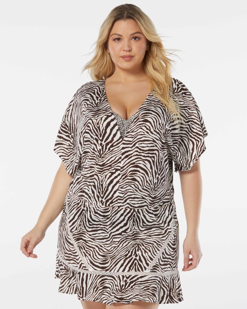 Front of a model wearing a size L ADORN COVER UP DRESS in COCO BROWN by Coco Reef. | dia_product_style_image_id:332066